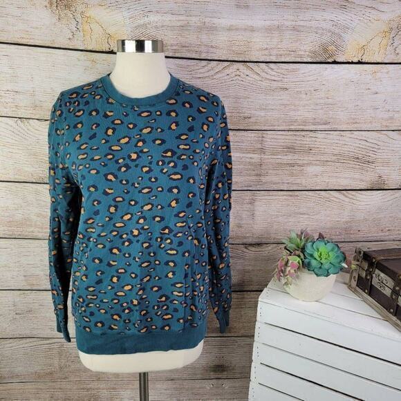 Koto Women's Cheetah Print Crew Neck Pullover Sweater Teal Blue Brown Size Small - Picture 1 of 7